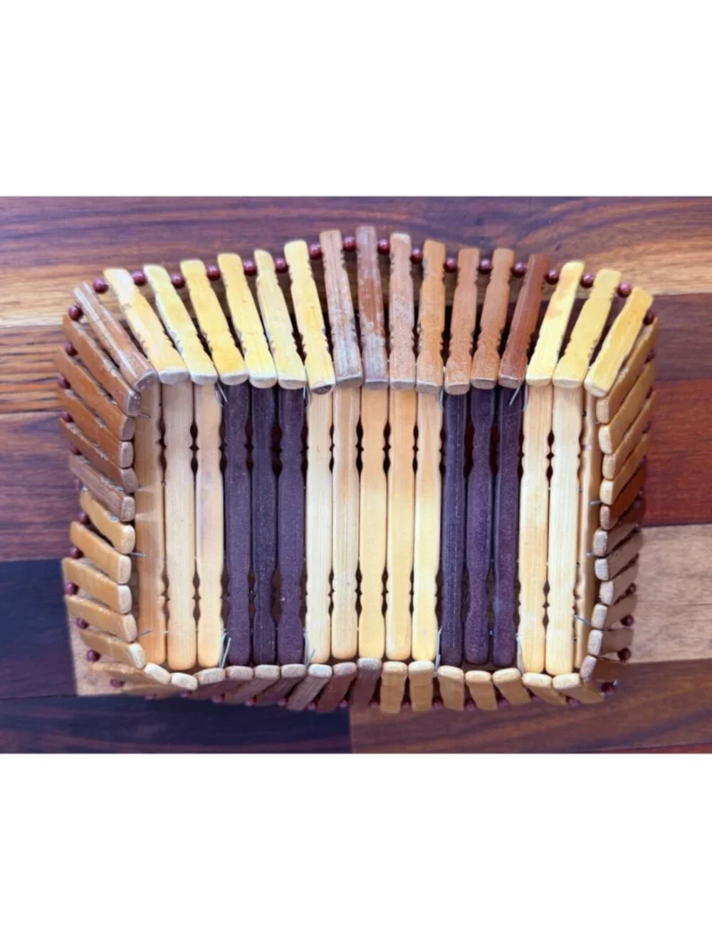 Vintage Mid-Century Modern Bamboo Wood Slat Basket – Dual-Tone Boho Fruit & Brea